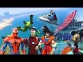 SUPERHEROES Water Jumping Challenge on Jet Ski w Batman, Spiderman, Hulk. Funny Kids Video