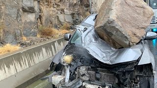سقوط صخرة على سيارة في جبال الهدا محافظة الطائف