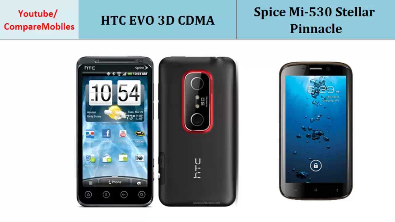HTC EVO 3D CDMA Vs Spice Mi-530 Stellar Pinnacle, full specs comparison