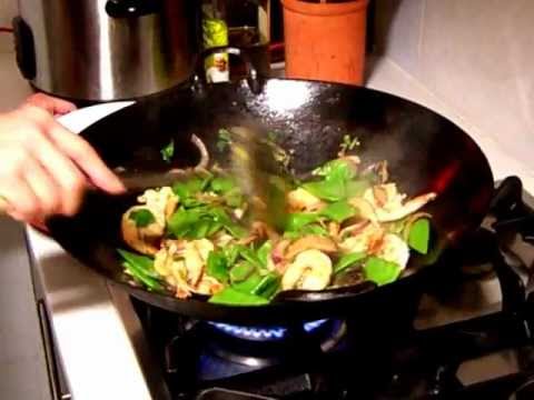 Stir-Fried Prawns with Snow-peas & Mushrooms.