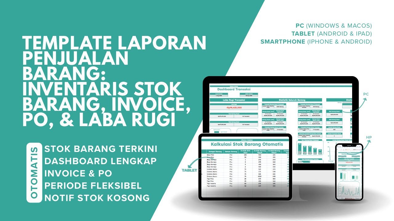 Template Laporan Penjualan Barang: Inventaris Stok Barang, Invoice, dan Laba Rugi Otomatis