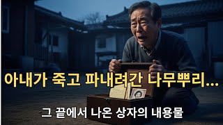 아내가 죽고 마당 감나무가 말라죽어 파봤더니, 그 뿌리가 단단히 움켜쥔 상자 속 내용물에 정신을 잃고 말았습니다.