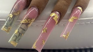 LONG MONEY FREESTYLE + GOLD FLAKES USING RED IGUANA PRACTICE HAND | Acrylic Nail tutorial