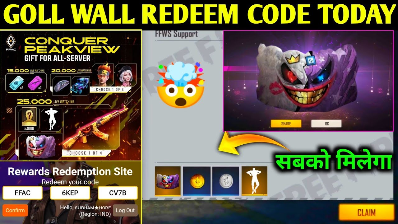 Goll Wall Redeem code | 28 November Redeem Code Free Fire | Asia Championship Finals Redeem Code FF