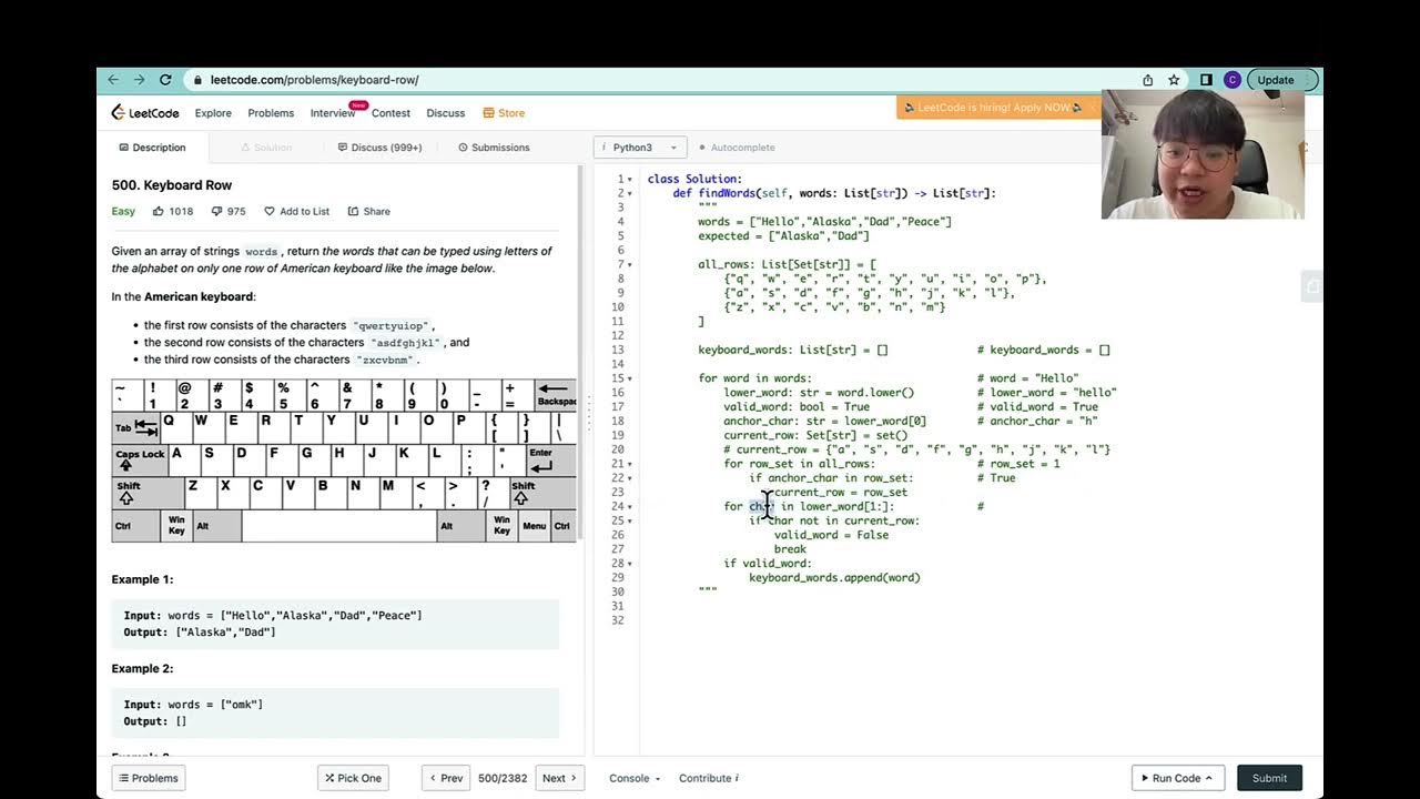 Leetcode Python - Easy - Keyboard Row (Linear - Single Pointer) - YouTube