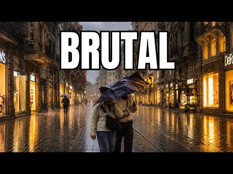 Brutal Istanbul Thunderstorm ⚡ Umbrellas Breaking in Pouring Rain
