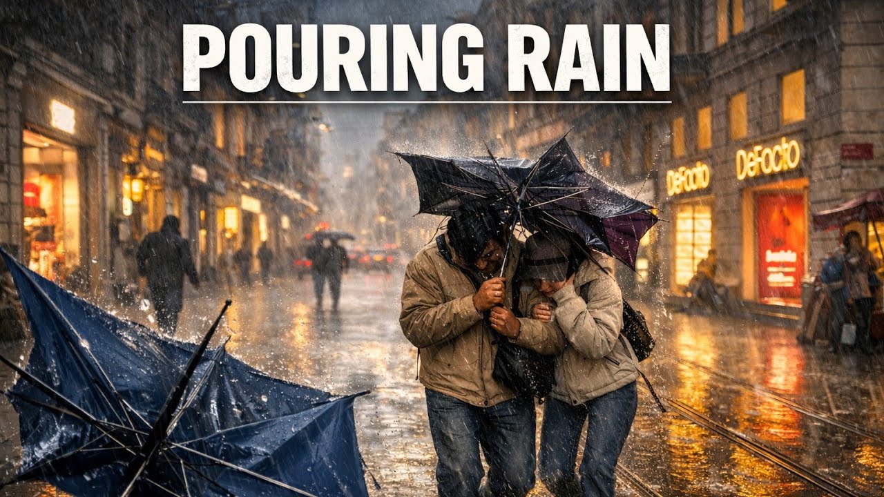 Brutal Istanbul Thunderstorm ⚡ Umbrellas Breaking in Pouring Rain