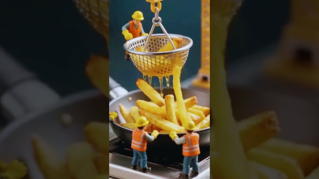[AI] Tiny Workers Make French Fries 🍟 | Mini Toy Construction Cooking in Real Kitchen 