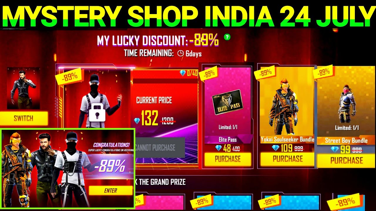Free Fire New Event Mystery Shop India Server 2021 July | July Month Elite Pass Free Fire Discount