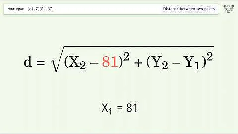 Find the distance between two points p1 (81,7) and p2 (52,67): Step-by-Step Video Solution