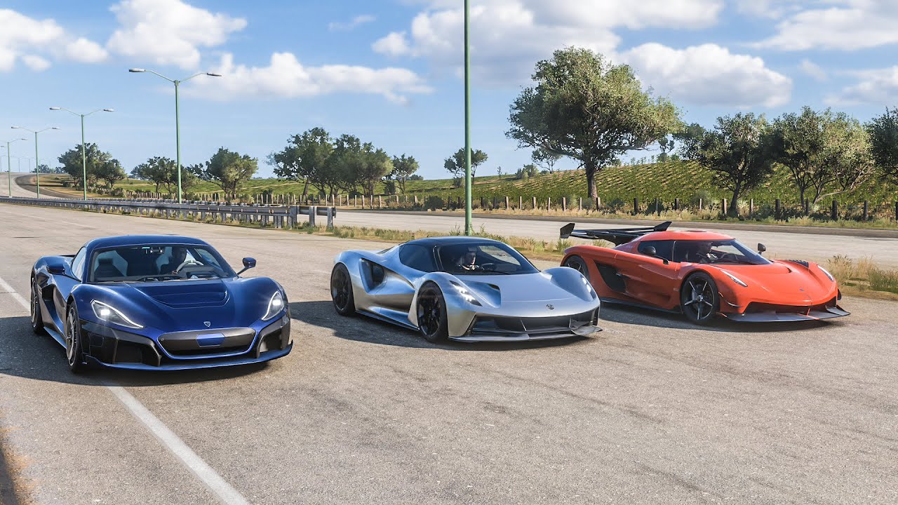 Forza Horizon 5 Drag race: Lotus Evija vs Rimac C2 vs Koenigsegg Jesko