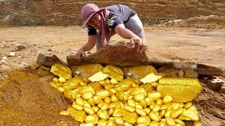 wow wow amazing day! gold miner found a lot of gold treasure under stone million years