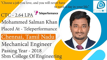 Congrats, Salman | Selected in TELEPERFORMANCE | 2.64 LPA | MECHANICAL ENGINEER, PoY 2018 | Chennai