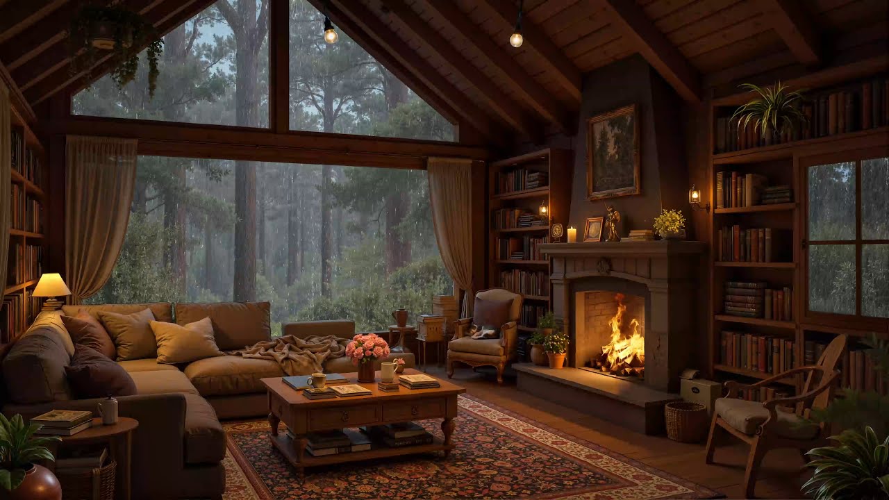 Relaxing Jazz on Rainy Day - Cozy Cabin Ambience in Forest with ...