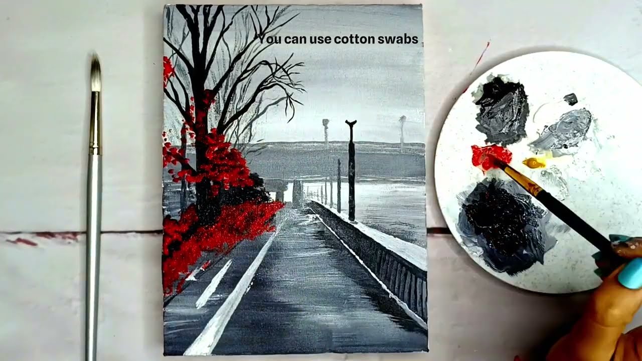 Red flower tree and road painting(for BEGINNERS) Black and white acrylic  painting Step by Step. 