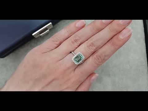 Ring with rare Lagoon 2.84 ct  color emerald and diamonds in 18K white gold Video  № 2