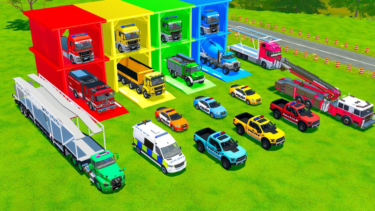 ALL POLICE VEHICLES, MIXER AND DUMP TRUCK, AMBULANCE, FIRE DEPT TRANSPORT TO GARAGE - FS22