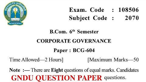 Gndu Bcom 6th Semester Corporate Governance Question Paper || Bcom 6th Semester Question Paper