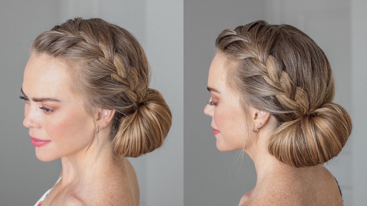 FRENCH BRAID SMOOTH BUN UPDO | Cute daily hairstyles for girls long hair, image size:1280x720