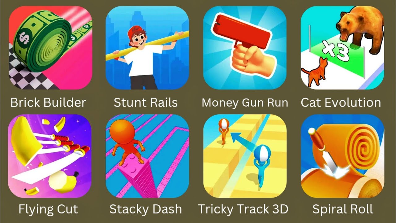 Flying Cut, Stacky Dash, Tricky Track 3D, Brick Builder, Money Gun Run, Cat Evolution, Stunt Rails