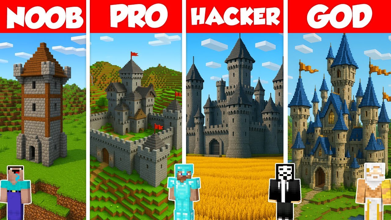 Castle Build Battle Challenge - Noob vs Pro vs Hacker vs God - Minecraft Animation