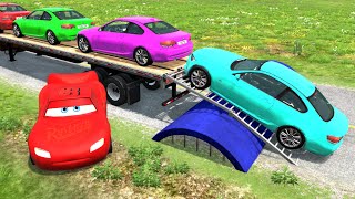 Flatbed Trailer Cars Transportation with Slide Color - Car vs Concrete Pipe - BeamNG.Drive