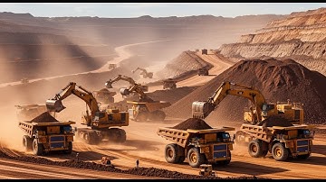 Giant Dump Trucks at Work: Heavy Equipment Moving Mountains of Ore in a Massive Mine