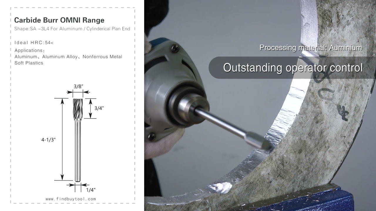 Carbide Burr SA-3NFL4 Cylinderical Plain End ALUMIN Range Head D 3/8 x 3/4L, 1/4 Shank, 4-1/3 Inch Full Length