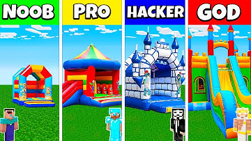 Minecraft Battle: NOOB vs PRO vs HACKER vs GOD: BOUNCY CASTLE HOUSE BASE BUILD CHALLENGE / Animation