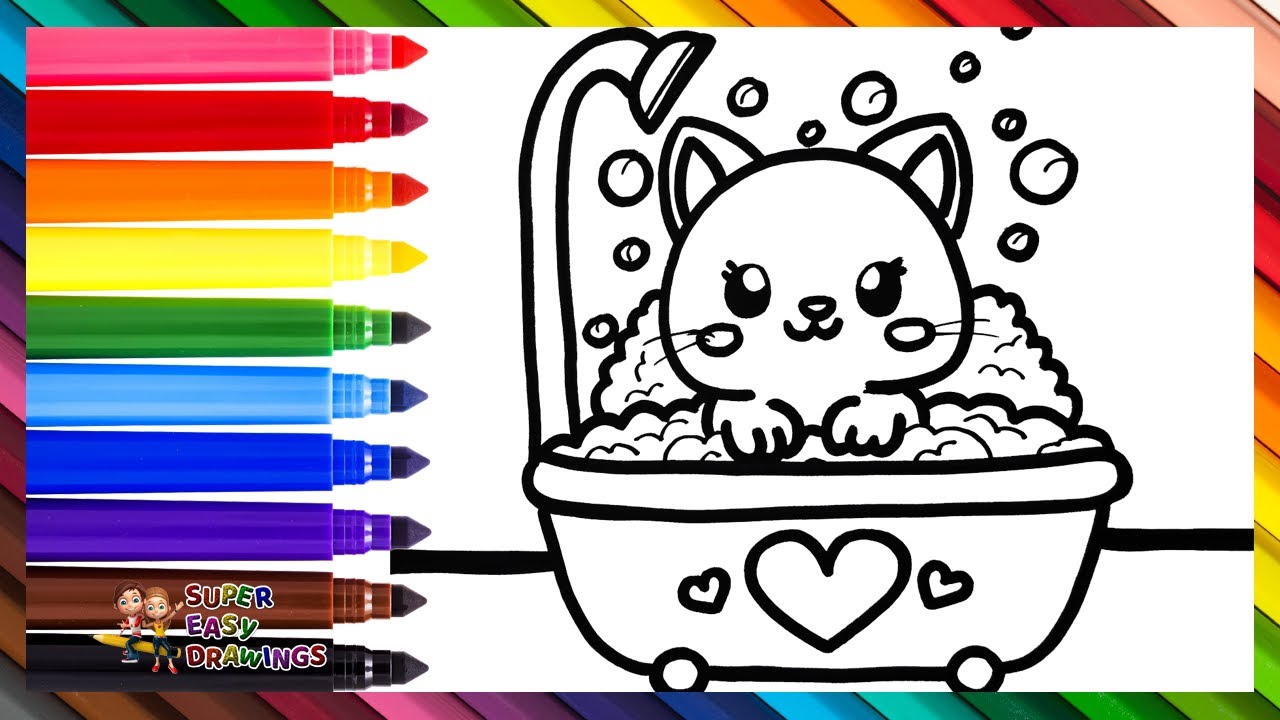 Draw and Color a Cute Cat in a Bathtub 🐱🐈🛁🫧🌈 Drawings for Kids