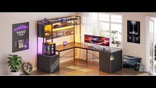 SEDETA L Shaped LED Gaming Desk with Drawers Reversible Computer Two Person Desk with File Drawer