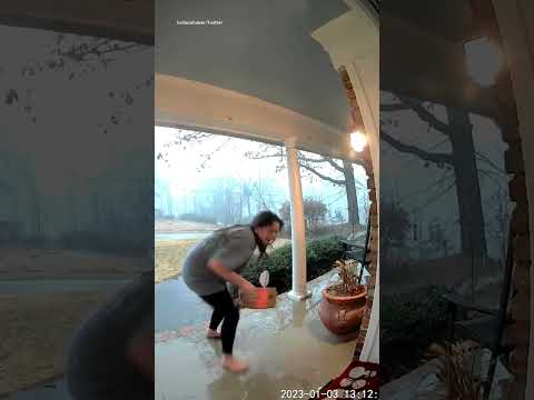 Doorbell Cam Captures Moment Thunder Frightens Woman Picking Up Amazon Package