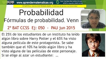 Utilizar fórmulas de probabilidad. Diagrama de Venn. PAU ccss2 junio 2015 B3. José Jaime Mas