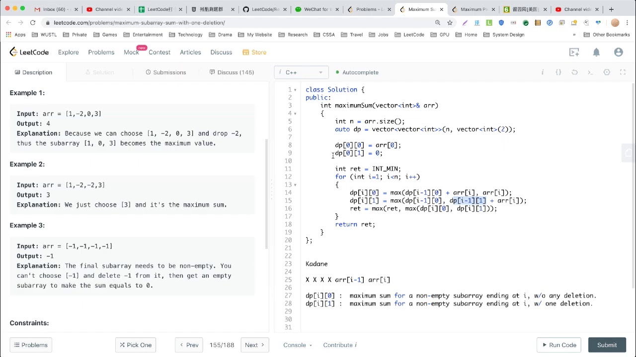 【每日一题】1186. Maximum Subarray Sum with One Deletion, 3/19/2020 - YouTube