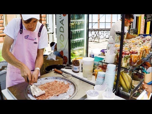 Ukraine Street Food. Thai Ice Cream Rolls seen in Kiev