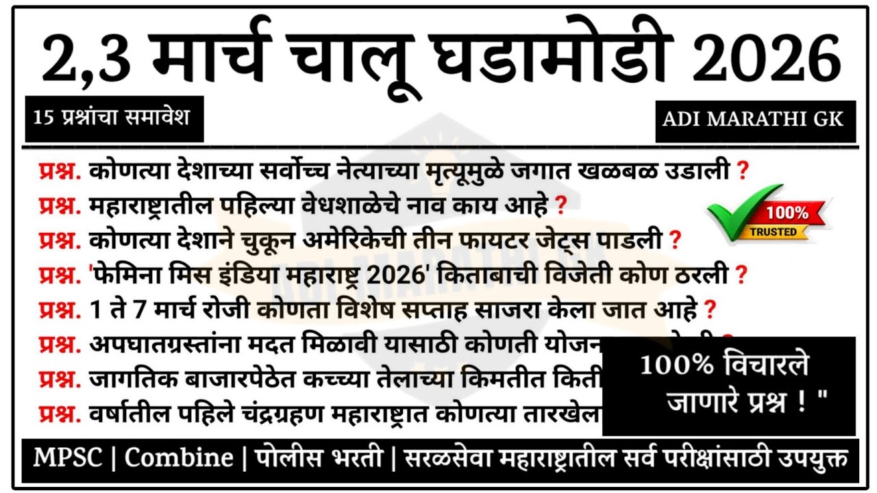 3 March | Current Affairs Today | Chalu Ghadamodi 2026 #policebharti #chalughadamodi #marathigk