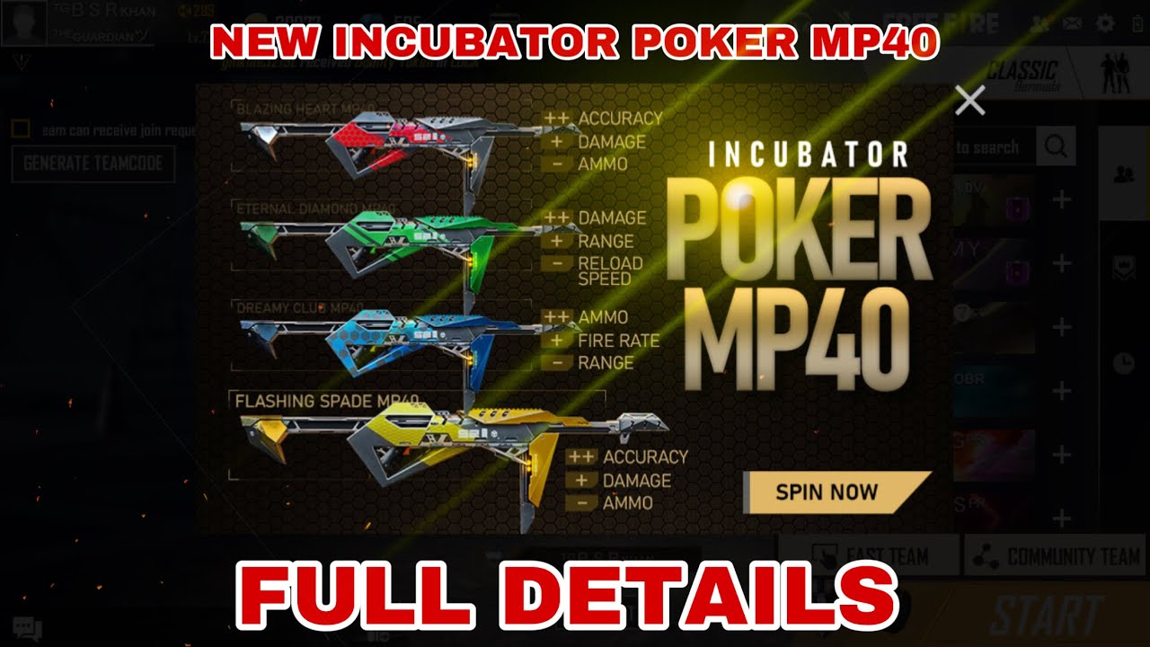 FREE FIRE NEW MP40 POKER INCUBATOR | FULL DETAILS | FULL SKIN ABILITIES