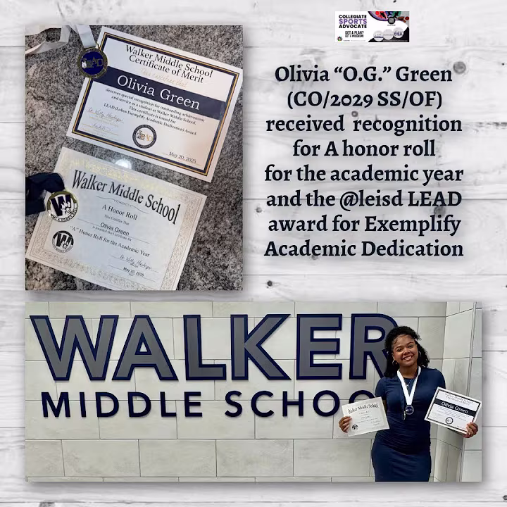 Olivia “O.G.” Green (CO/2029 SS/OF) received  recognition for A honor roll for the academic year an…