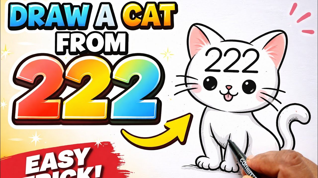 Cat Drawing from Number 222 🐱 | Easy Step-by-Step Number Art Trick ...