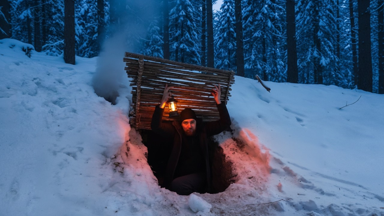 Secret Hillside Cave: Building a Cozy Shelter. Winter Bushcraft