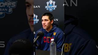 Carter Lowe speaks with media after game one of the Eastern Conference Final.