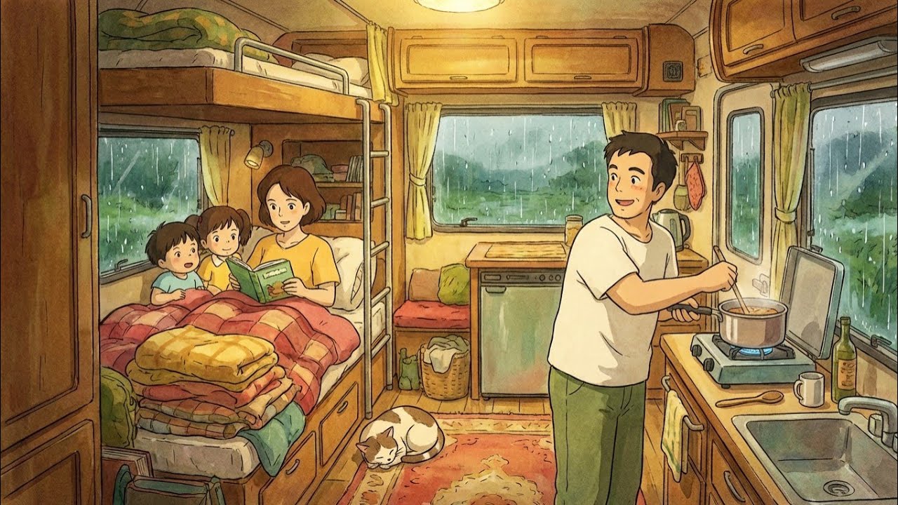 A Rainy Day in Our Mobile Home 🌧️🚐Cozy Family Moments — Ghibli Style