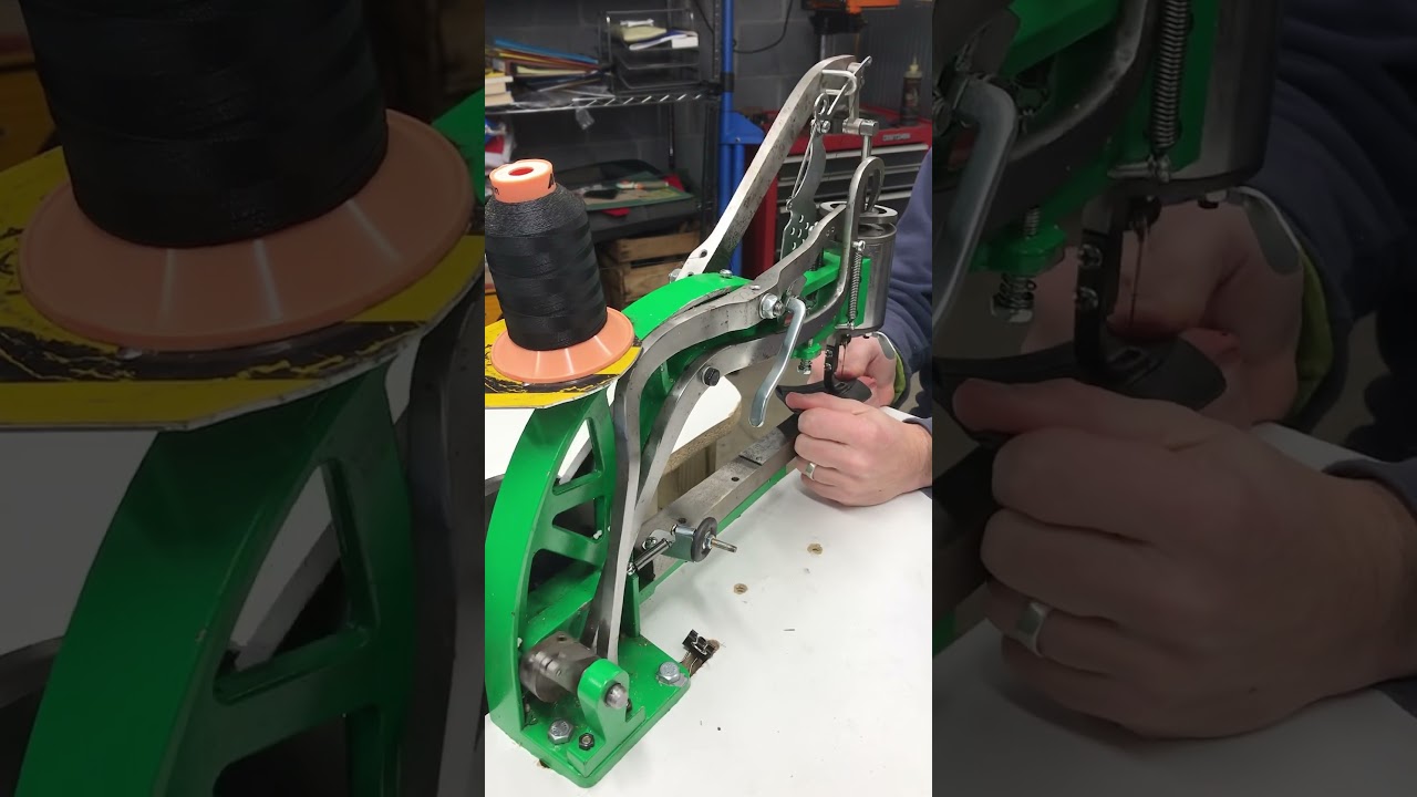 Guy builds a pedal powered sewing machine from a bunch of junk and sews rubber inner tubes!