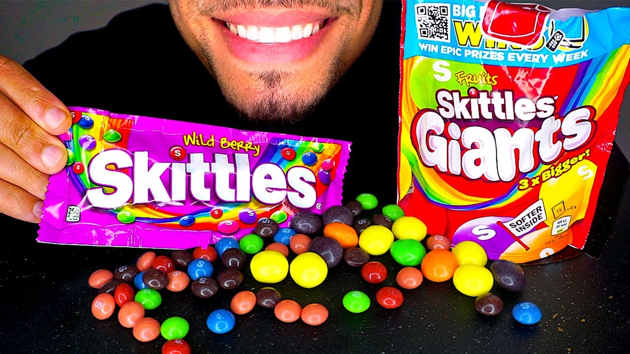 SKITTLES GIANTS ORIGINAL CANDY EATING MUKBANG UK USA ASMR BANNED COMMERCIAL JERRY YouTube