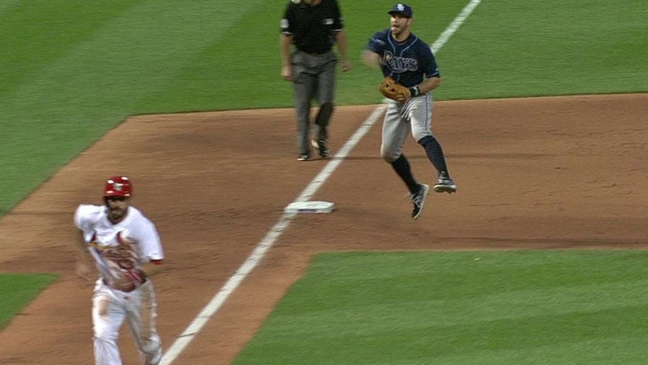 TB@STL: Longoria makes jumping throw for out at home