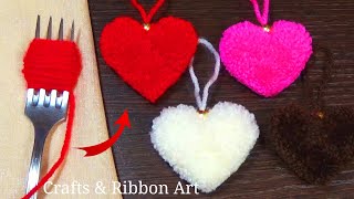 Easy Pom Pom Heart Making Idea with Fork - Amazing Valentine's Day Crafts - How to Make Yarn Heart