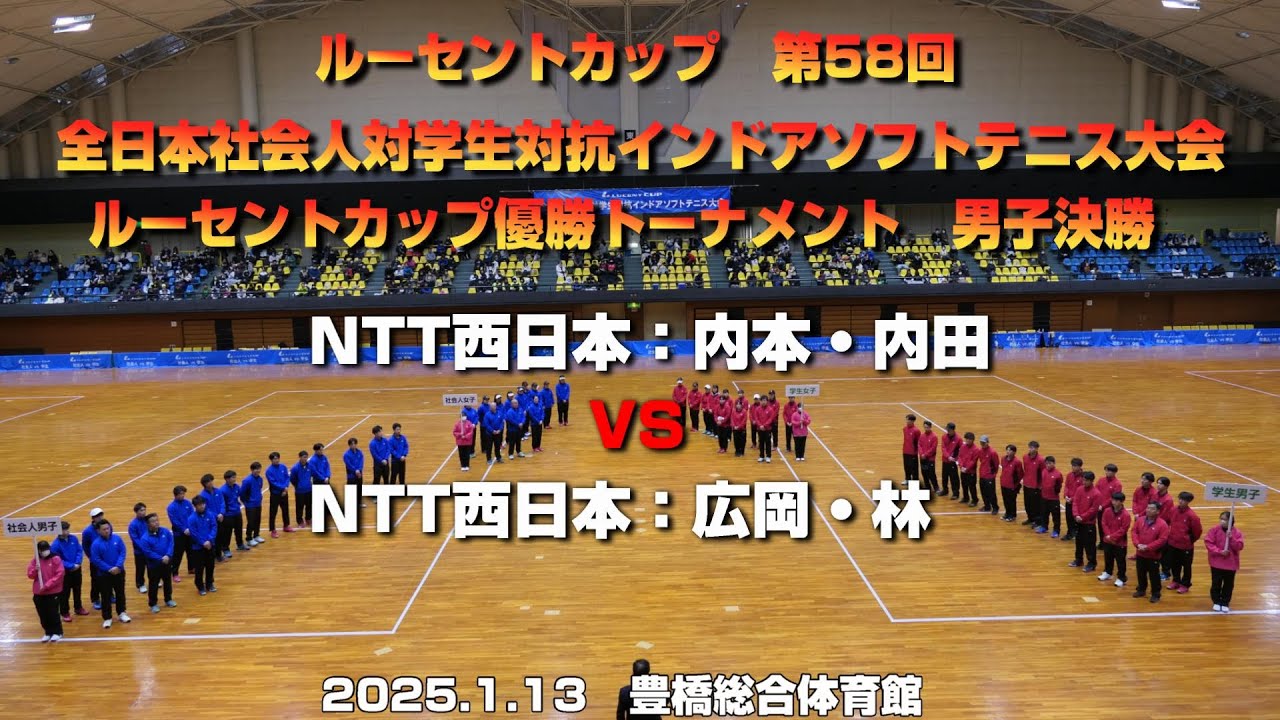 ルーセントカップ第58回全日本社会人対学生対抗インドアソフトテニス大会ルーセントカップ優勝トーナメント　男子決勝　内本・内田ペア(NTT西日本)　VS　広岡・林ペア(NTT西日本)