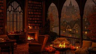 Autumn Study Ambience for Focus | Reading by the Fireplace in a Gothic Library | Dark Academia Piano