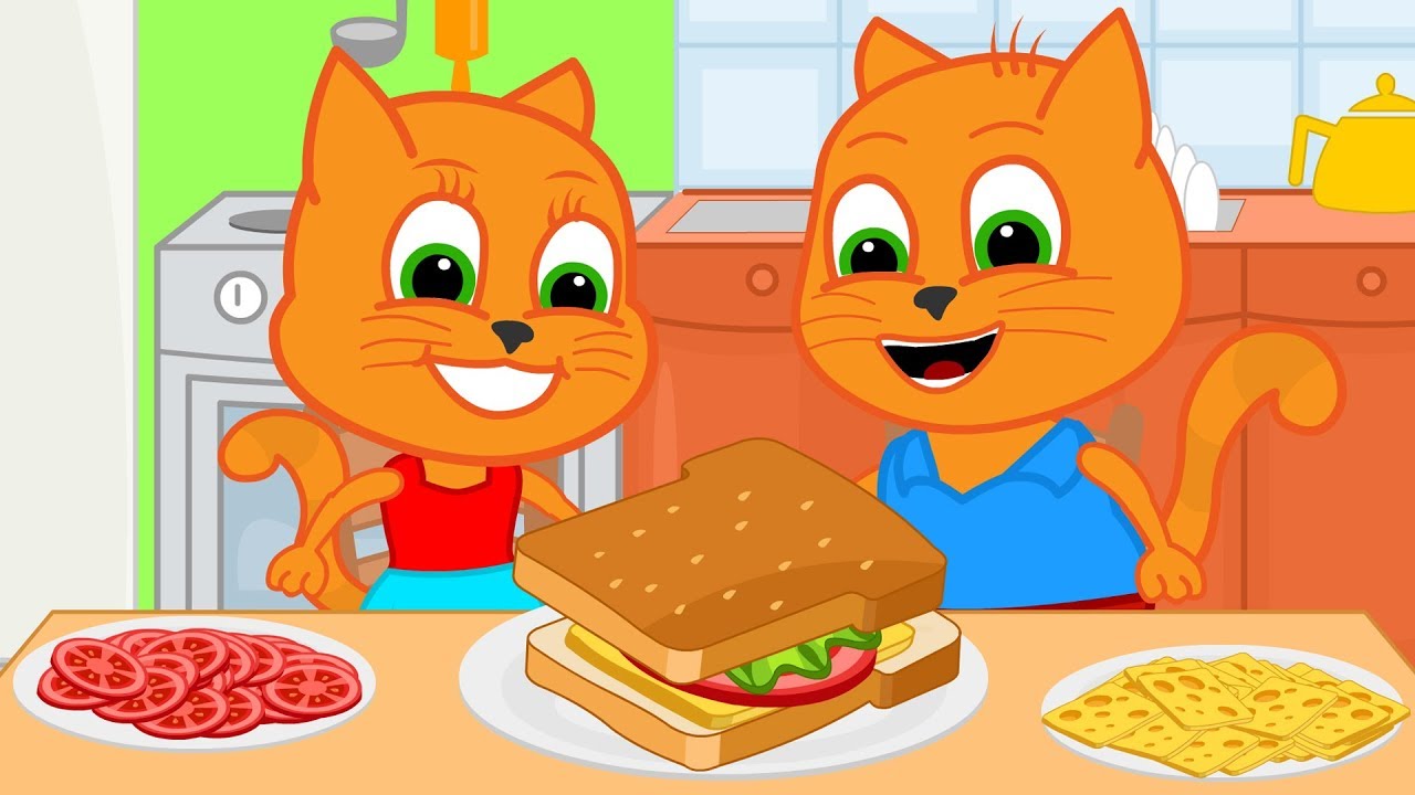 Familia De Gatos Bebes Sandwich De Cocina Dibujos Animados Para