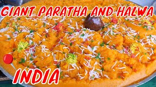 GIANT PARATHA AND HALWA  - Indian Street Food  Srinagar Kashmir India